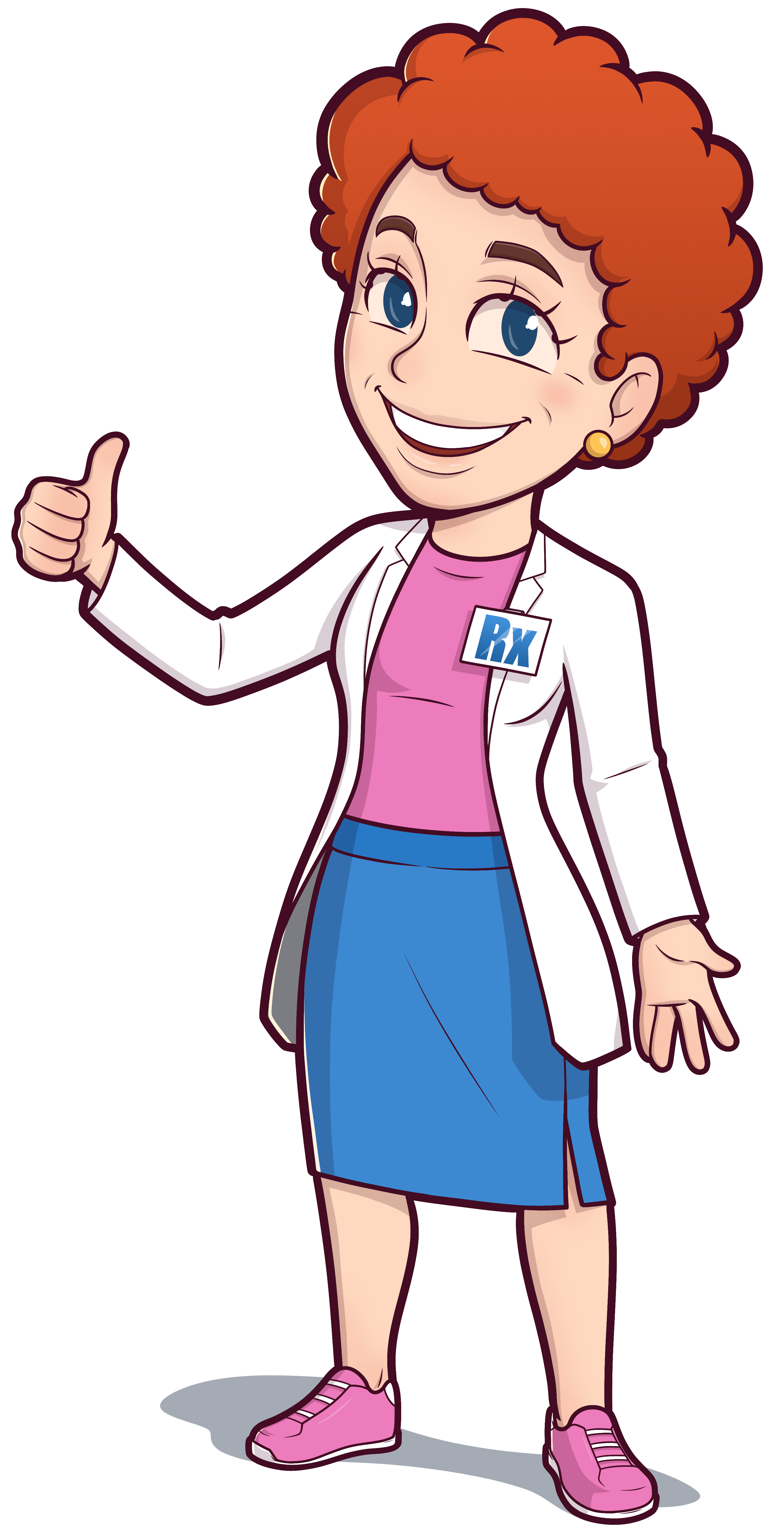 Illustrated character of a middle aged woman pharmacist called Phoebe holding a thumbs up. She is caucasian with red hair.