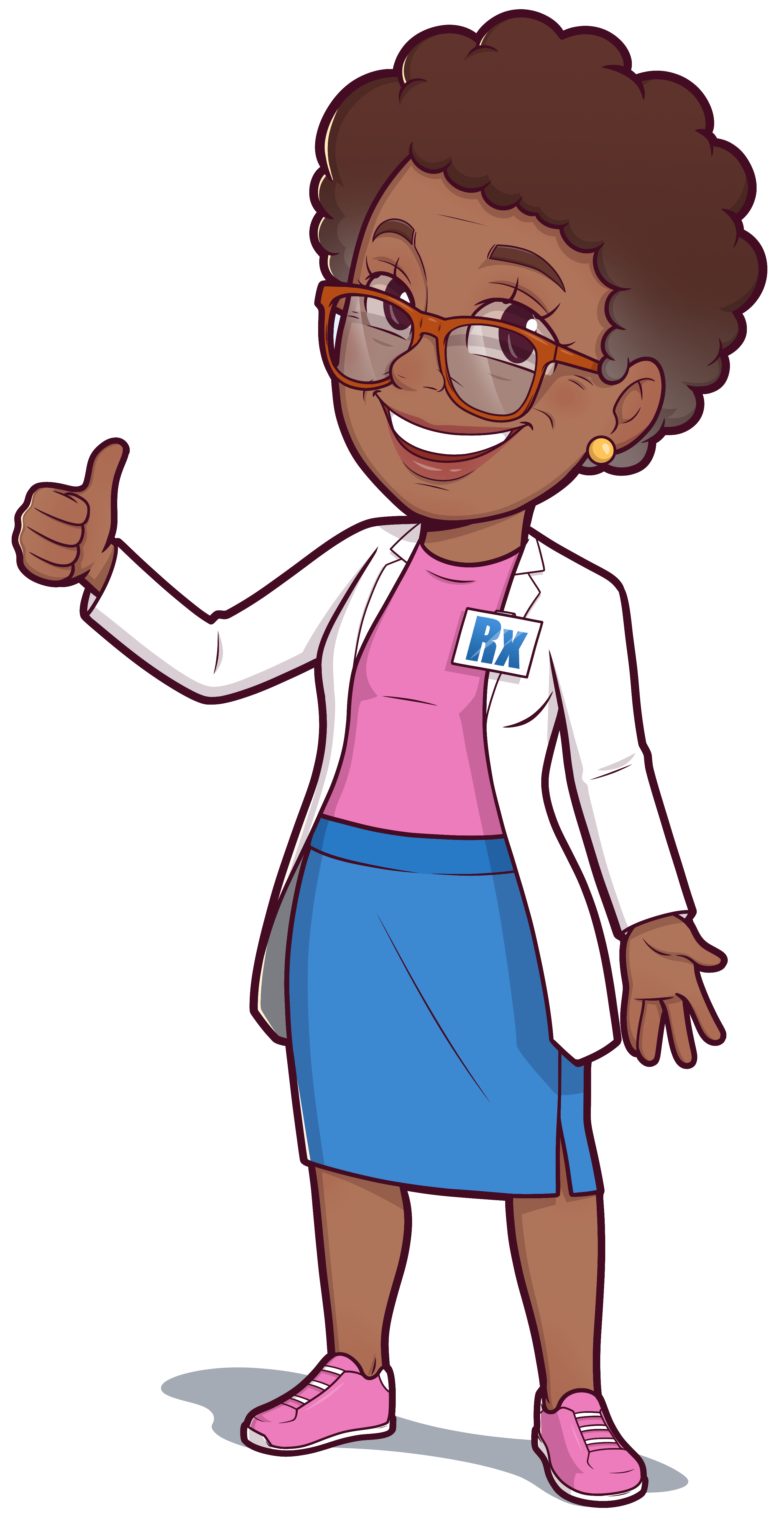 Illustrated character of a near retirement age woman pharmacist called Fiona holding a thumbs up. She is African American.